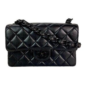 Chanel Vintage Quilted Lambskin Black Resin Chain Small Classic Single Flap Bag